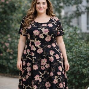 Jacqueline Studio | Black Floral Midi Dress V Necline 3XL